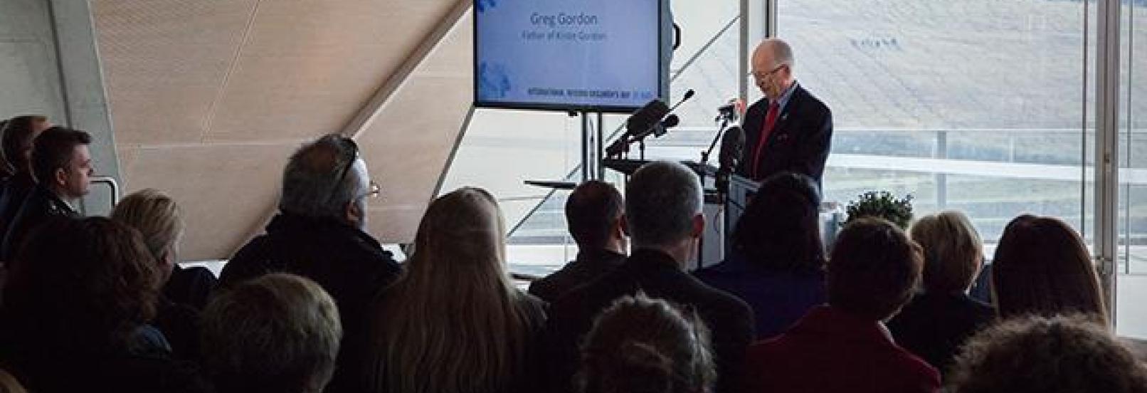 Greg Gordon, father of missing girl Kirste Gordon addresses the audience