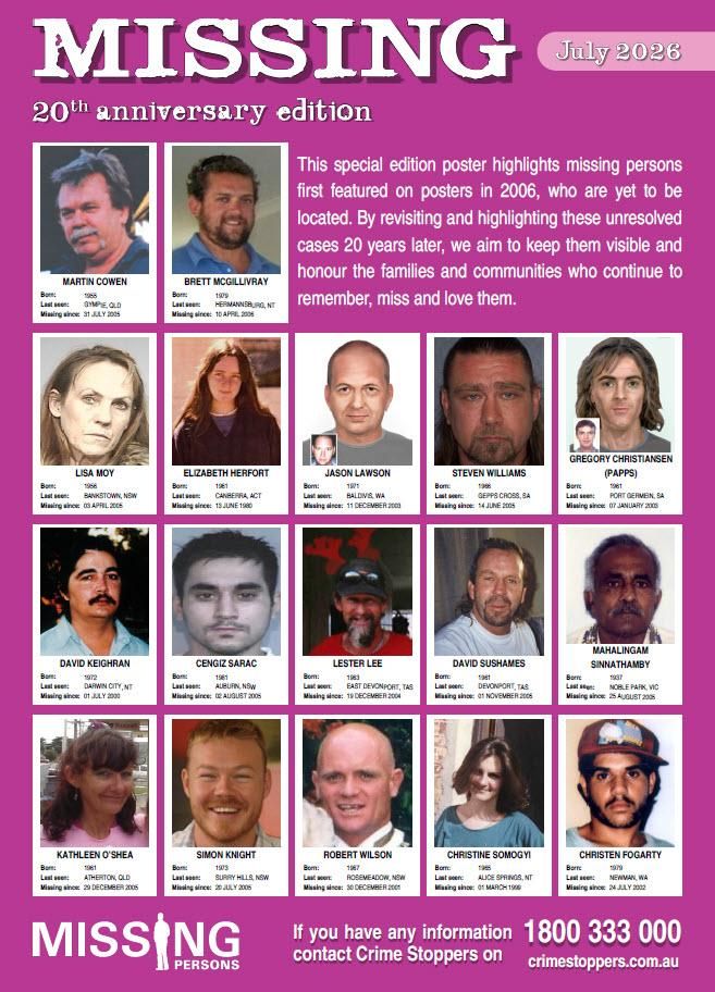 Missing persons poster highlighting people missing for 20 years
